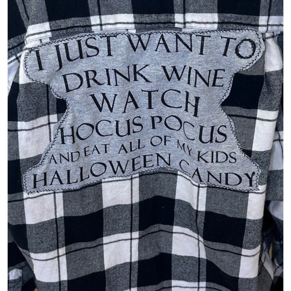 Hocus Pocus Plaid Flannel Shirt XL Halloween Candy Wine Upcycled Unique Funny - Picture 2 of 5